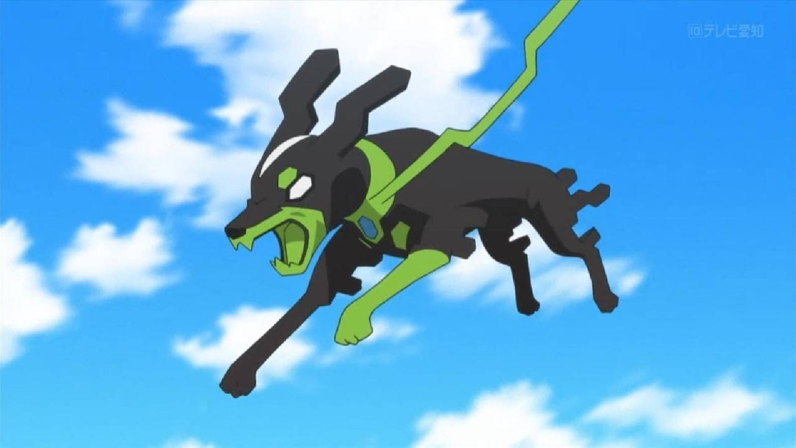 The Pokemon Zygarde leaps through the air