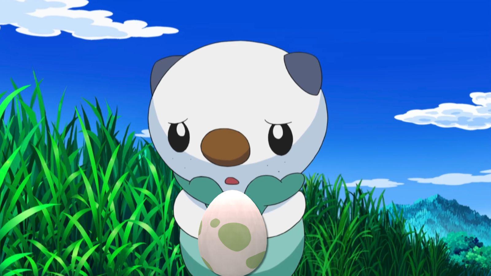 Oshawott holding a Pokemon Go Egg.