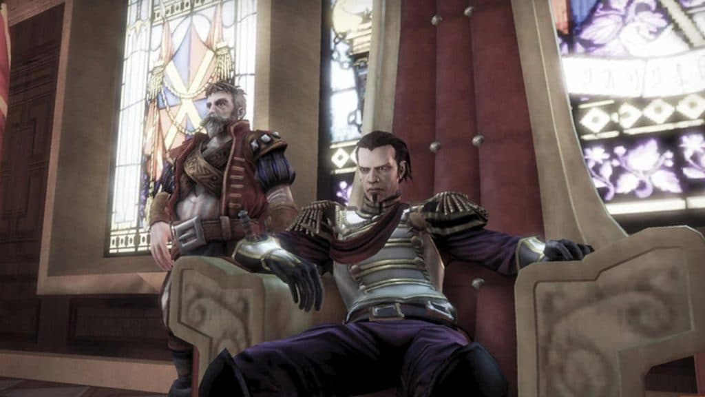 Logan from Fable 3 lounges on a throne.