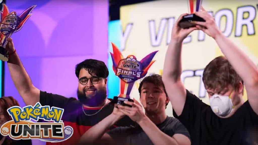 Several Pokemon Unite players hold up trophies