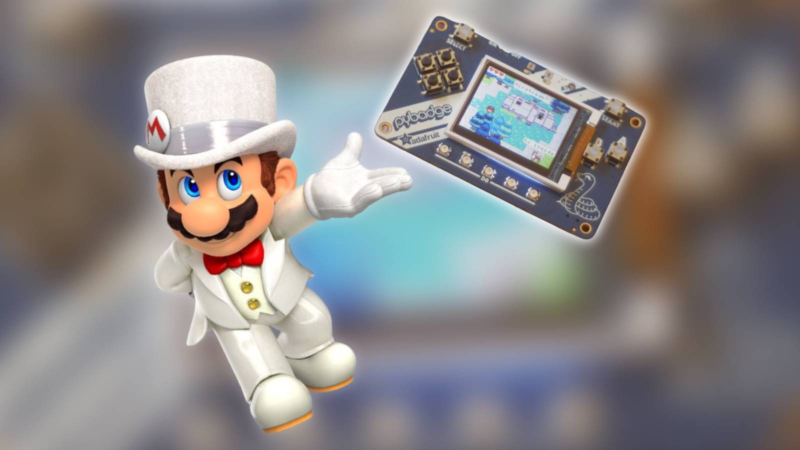 Mario next to a gaming handheld.