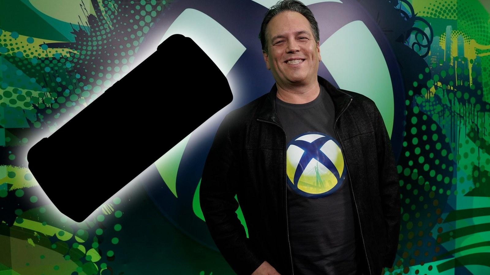 Phil Spencer next to a silhouette of a handheld console