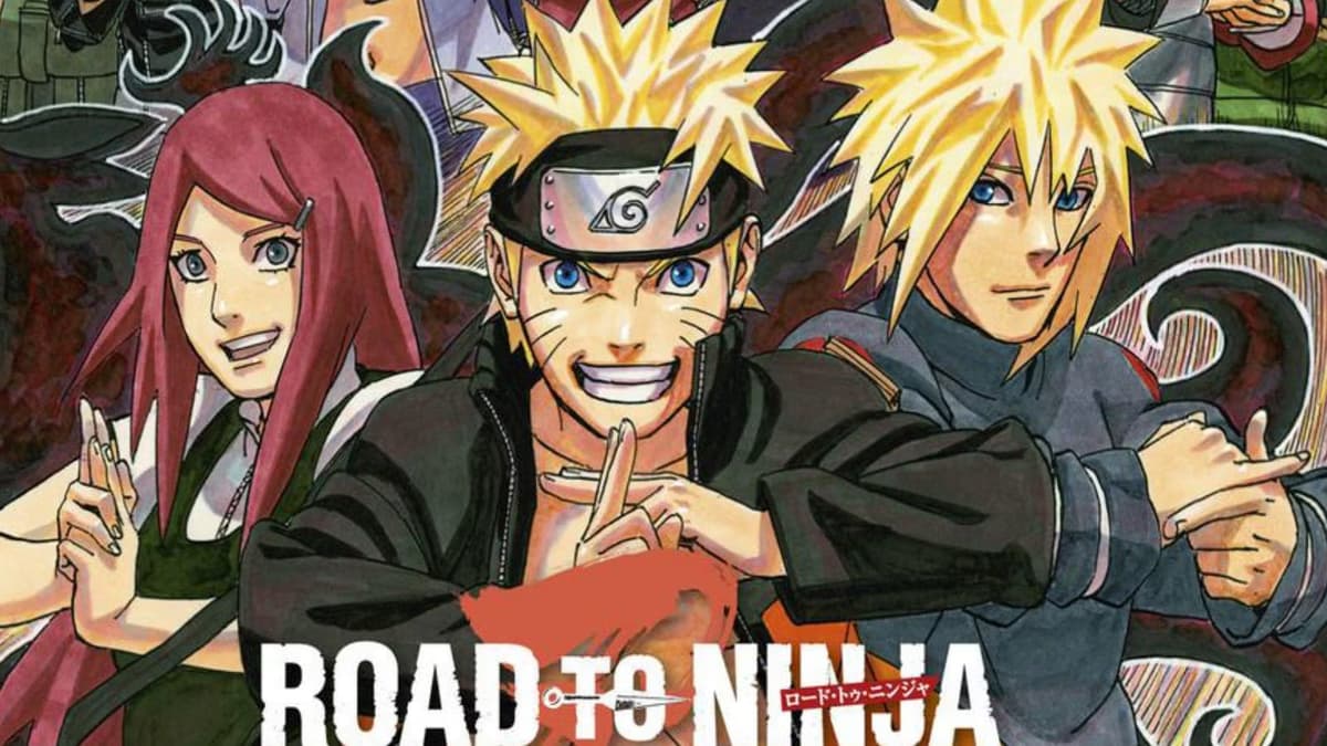 Naruto, Kushina, and Minato make hand seals on the poster for Road to Ninja.