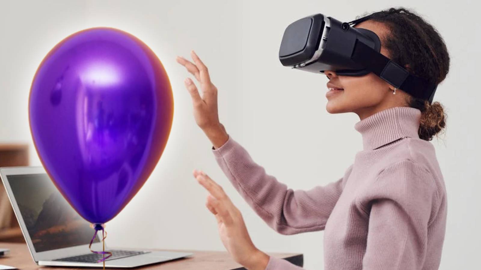 'Woman Using Virtual Reality Goggles' image by fauxels on pexels.com, with the image of a purple balloon by Deeana Arts on top.