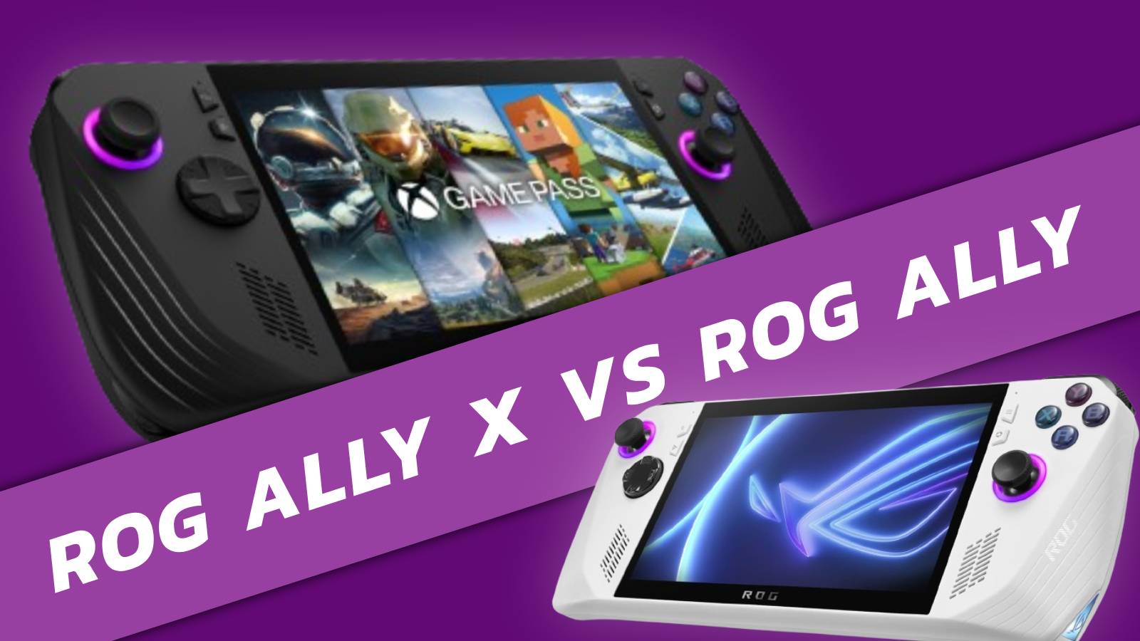 Image of the Asus ROG Ally X and the Asus ROG Ally on a purple background with a purple banner.