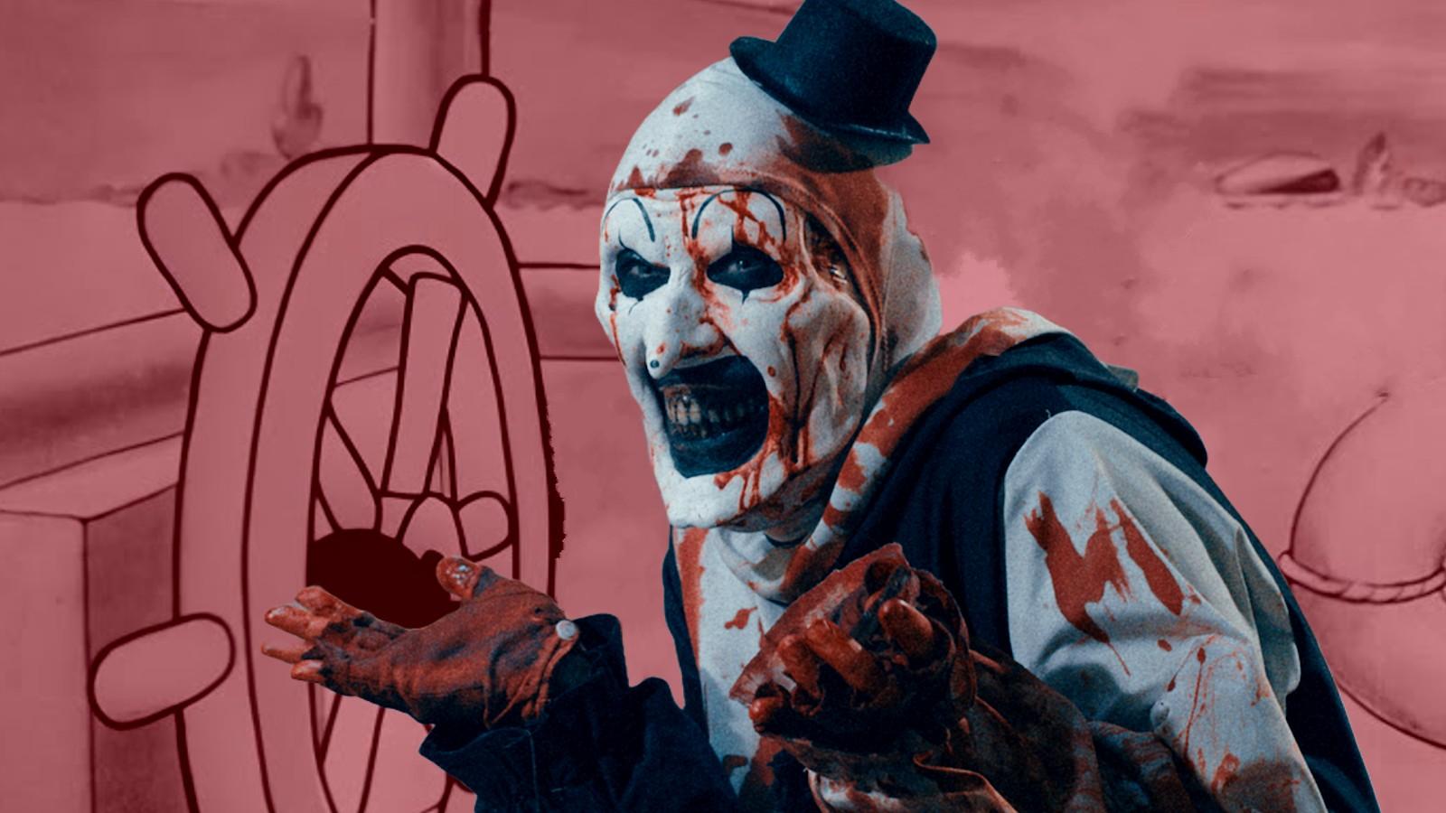 Art the Clown from Terrifier and the backdrop of Steamboat Willie