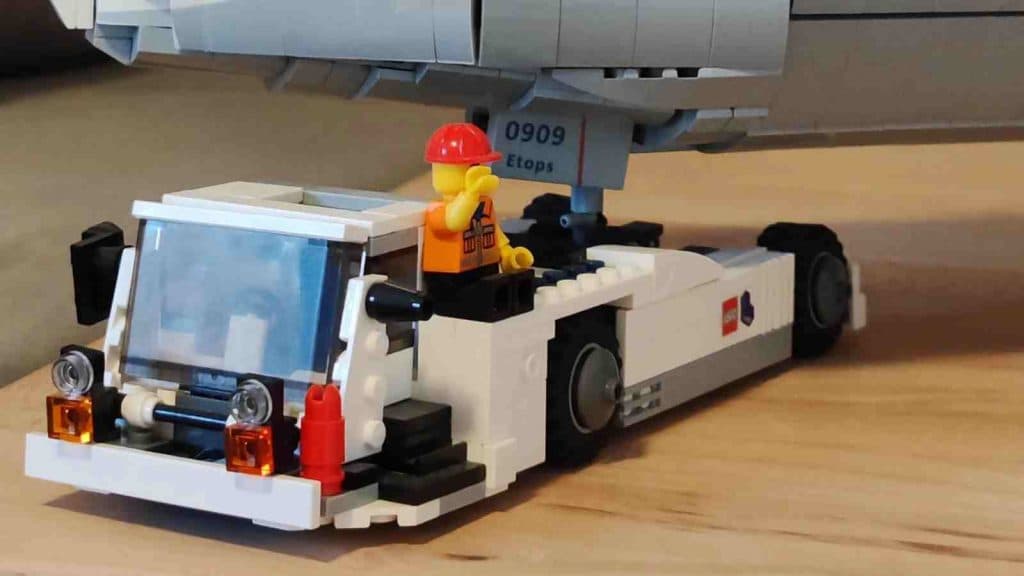 The Pushback tug and minifigure of the LEGO Boeing MOC build