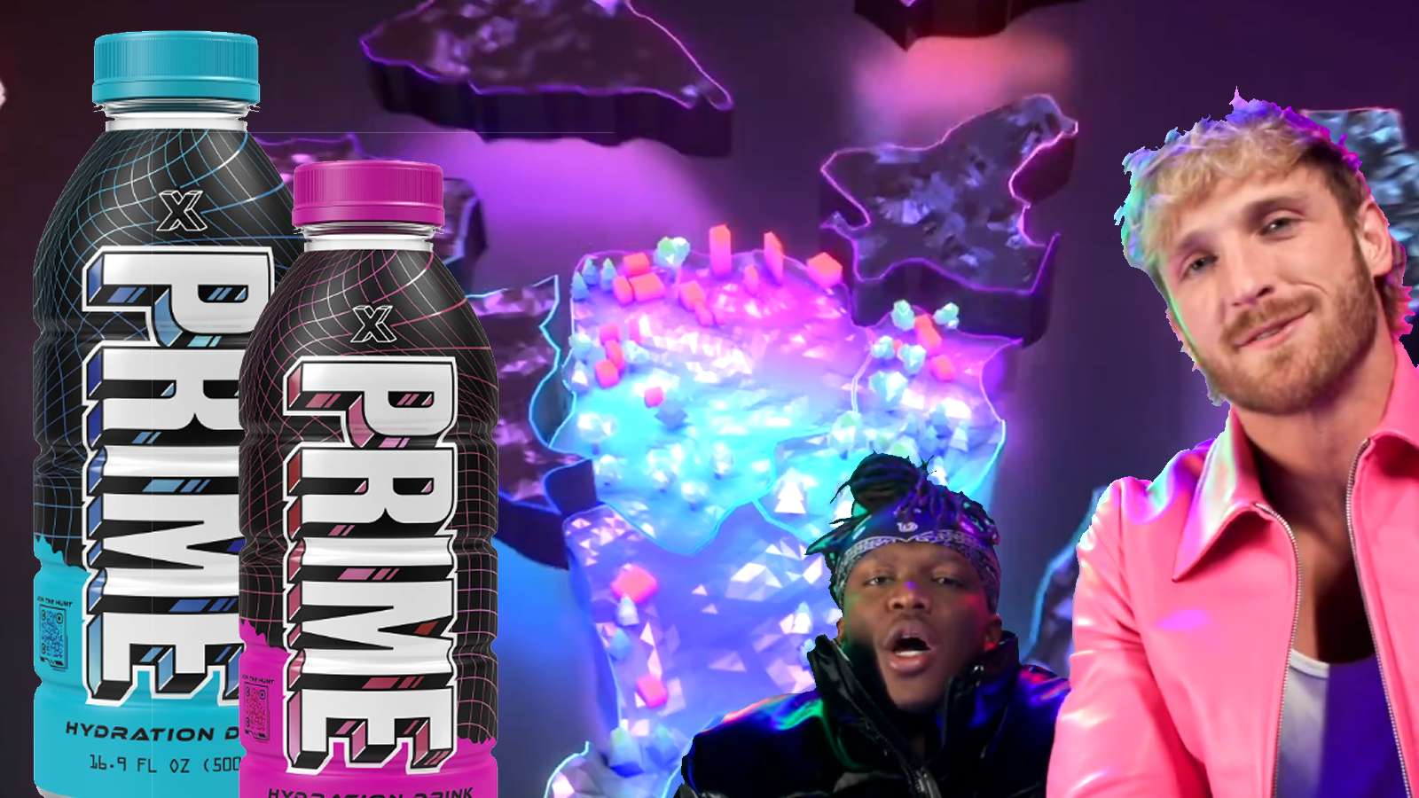 Prime bottles and Logan Paul and KSI in front of the virtual comp map
