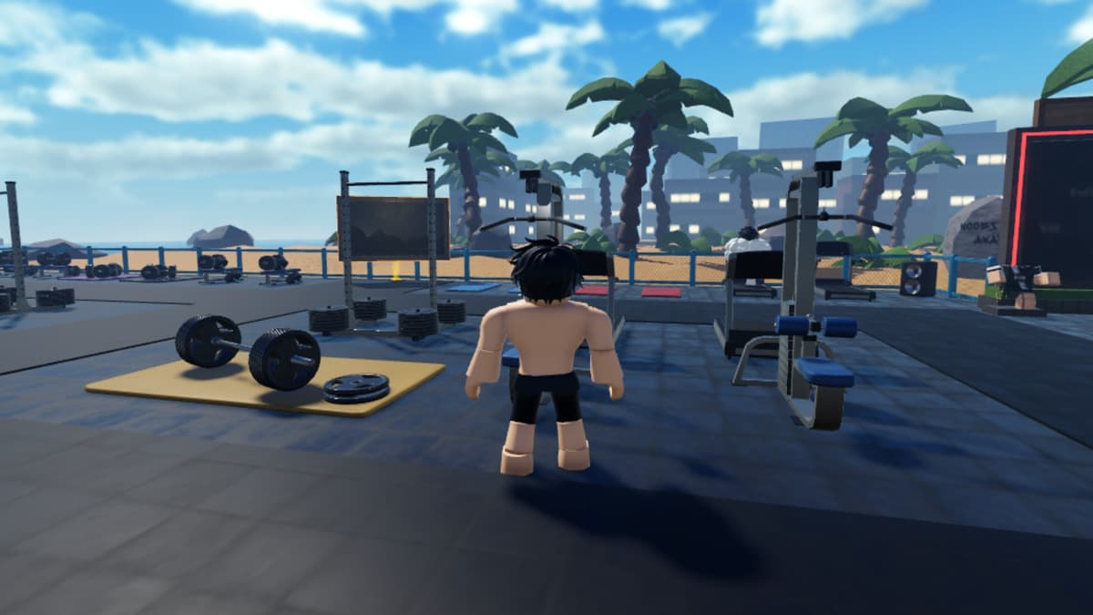 Shirtless block in beach gym in Roblox