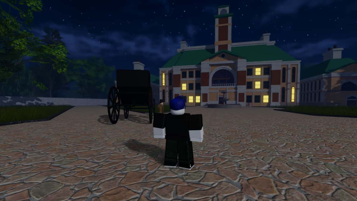 Block in Roblox in fromt of a mansion