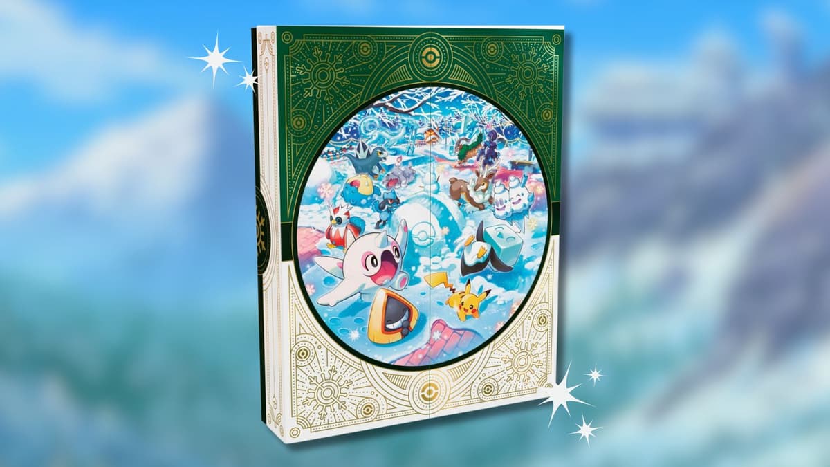 Pokemon TCG Holiday Calendar with Pokemon anime background.