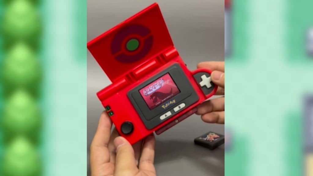 An official screenshot from Pokemon Fire Red/Leaf Green blurred in the background with a screenshot of the Pokedex Gameboy in front by Hairo Satoh.