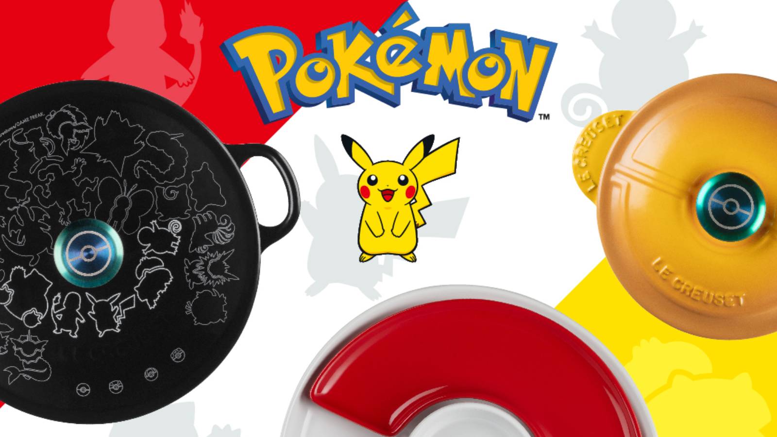 Promotional imagery shows Pikachu alongside several Le Creuset pots