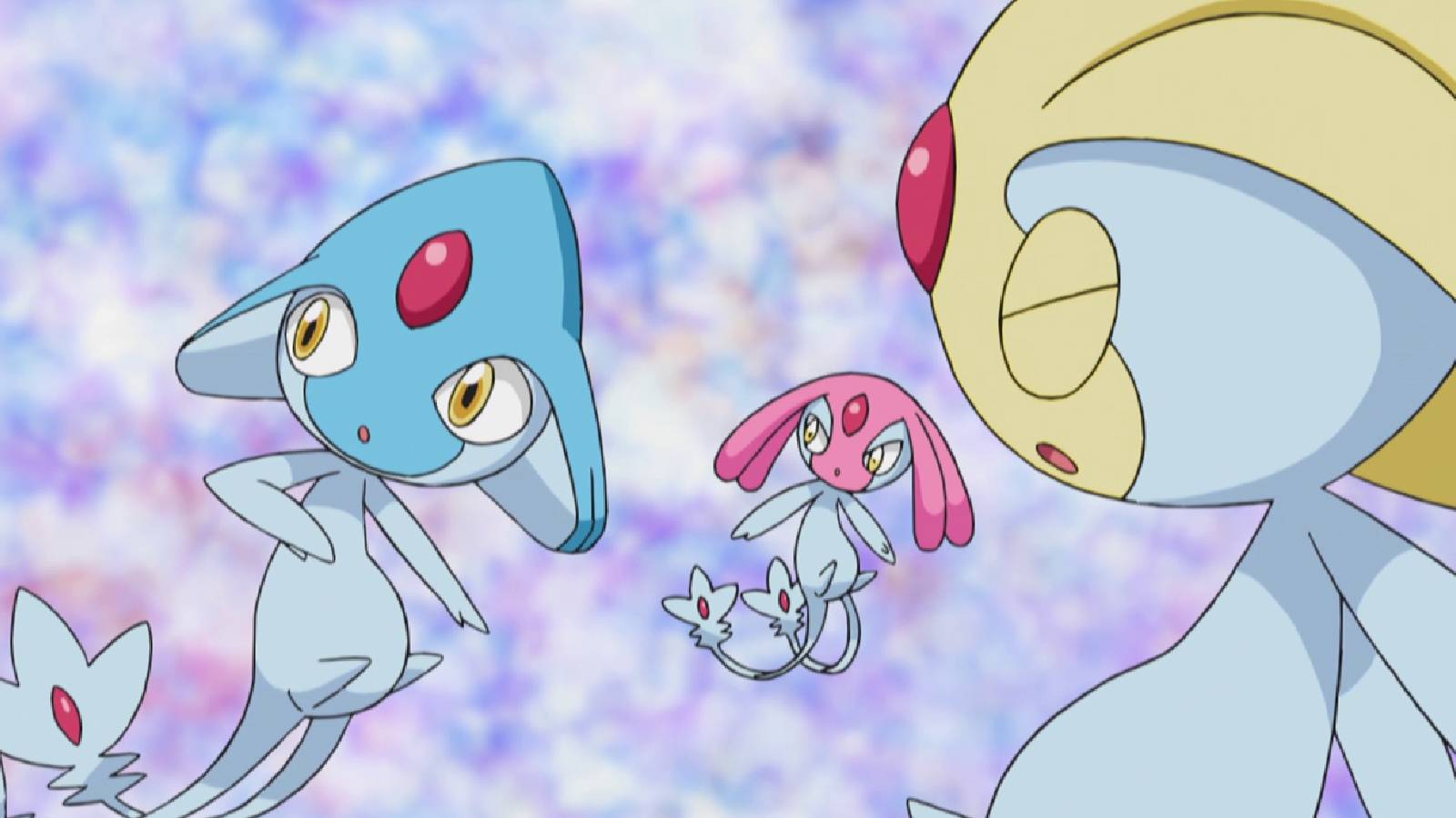 The Pokemon Azelf, Uxie, and Mesprit are shown in a screenshot from the anime