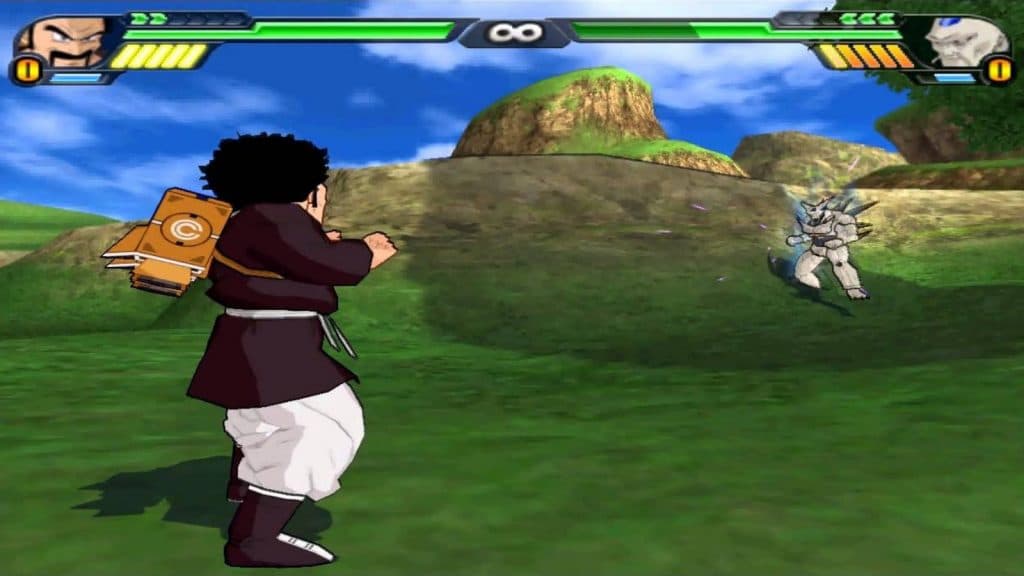 Dragon Ball Budokai Tenkaichi 3 mr satan wearing his jetpack fighting against omega shenron