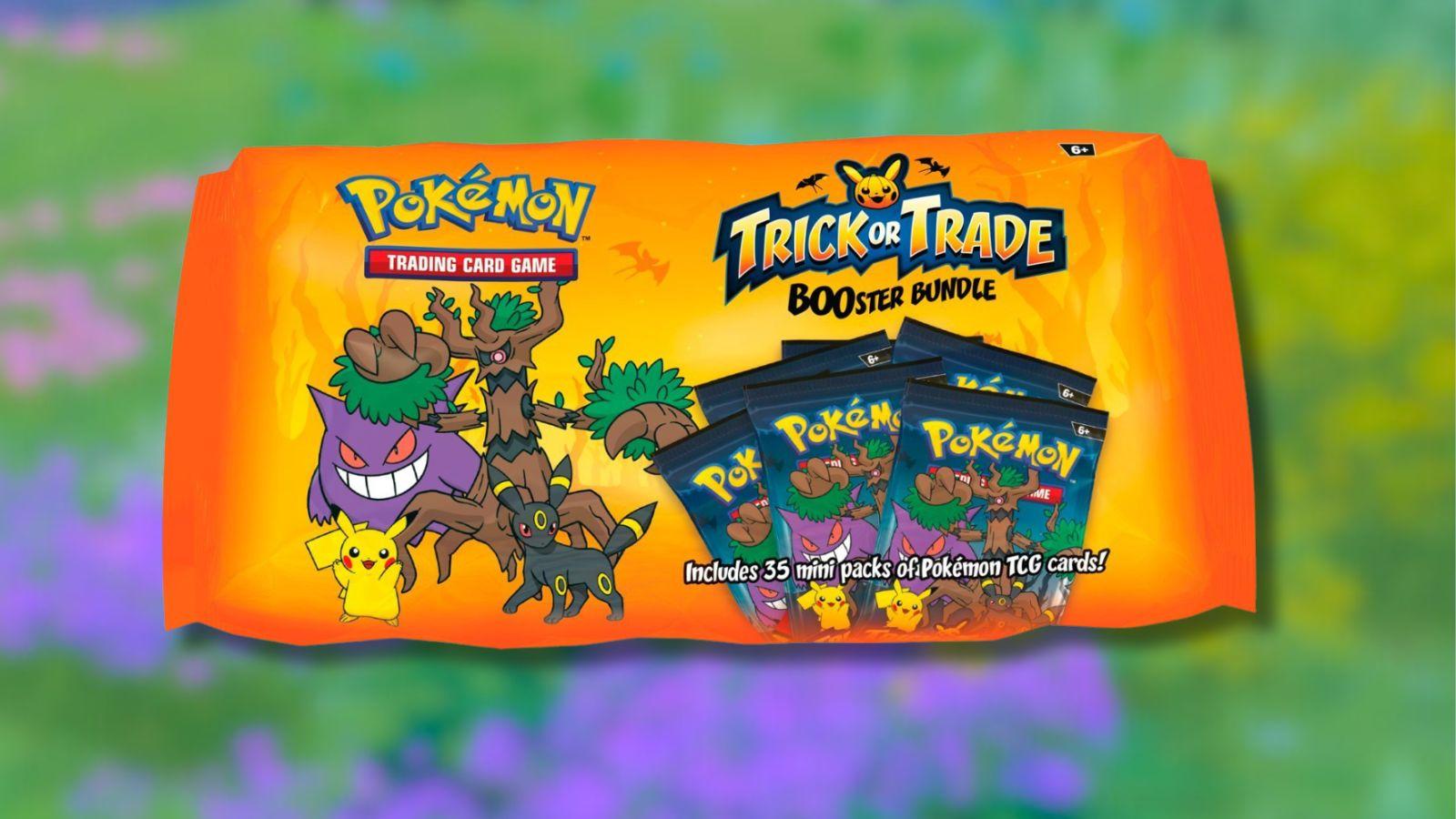 Pokemon TCG Trick or Trade BOOster Bundle with floral background.