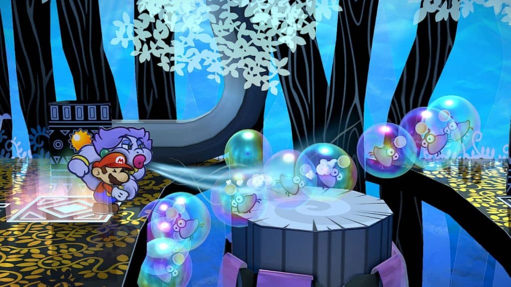 Paper Mario uses a partner ability to blow bubbles across a gap