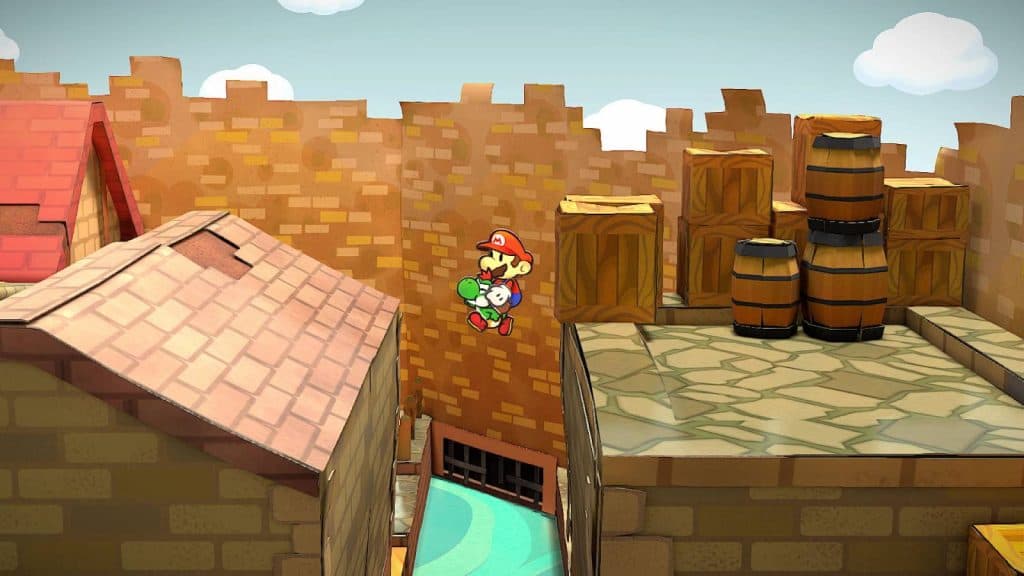 Paper Mario rides a Yoshi to clear a gap between rooftops