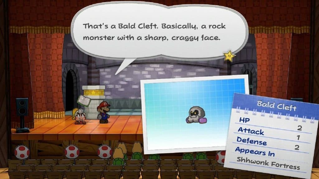 Paper Mario and Goombella are in a battle, with Goombellla using tattle to reveal information about a foe