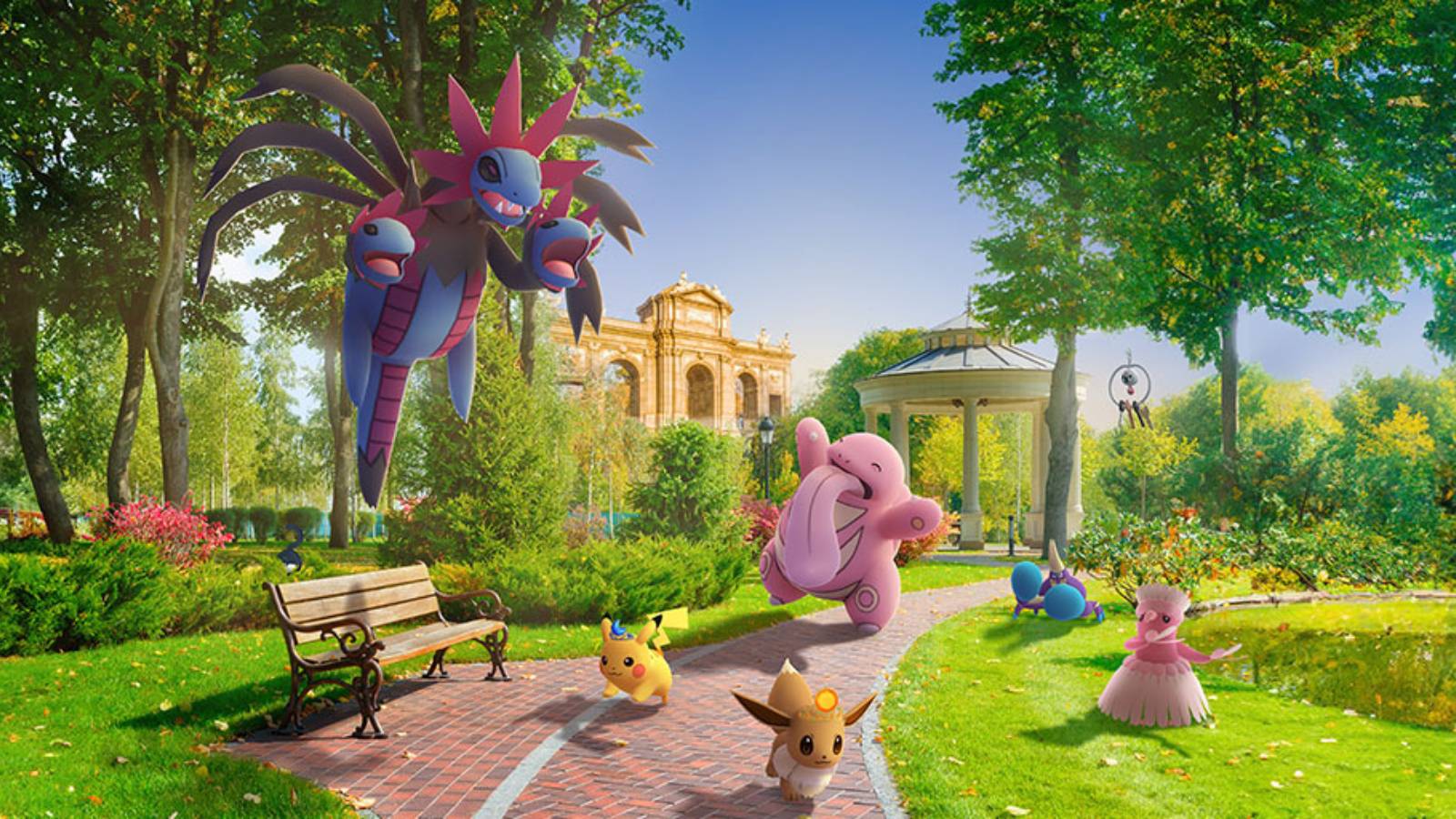 Promotional artwork for Pokemon Go Fest Madrid 2024 shows several Pokemon in a park