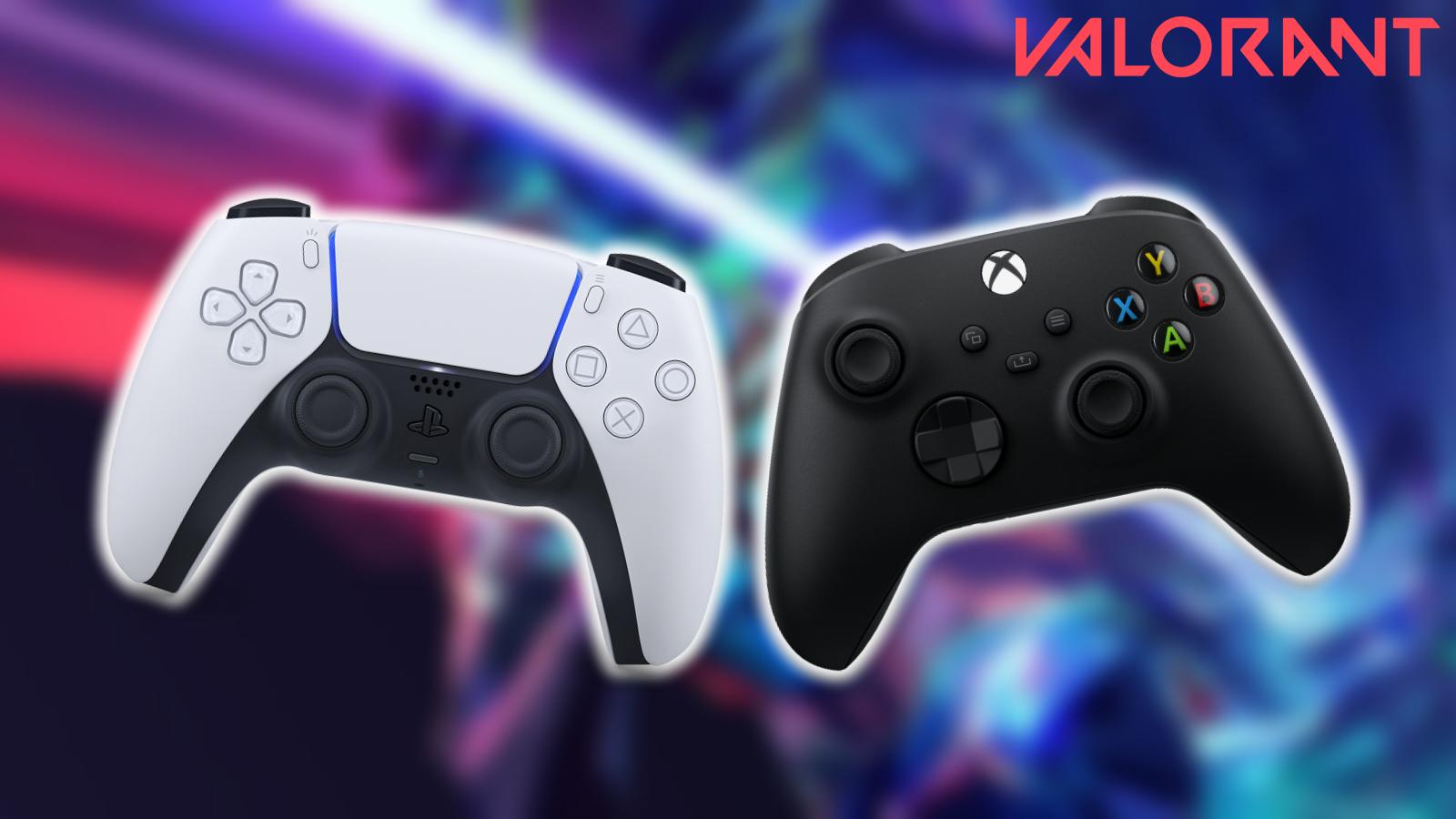 an image of PS5 and Xbox controllers with Neon blurred in the background in Valorant console beta