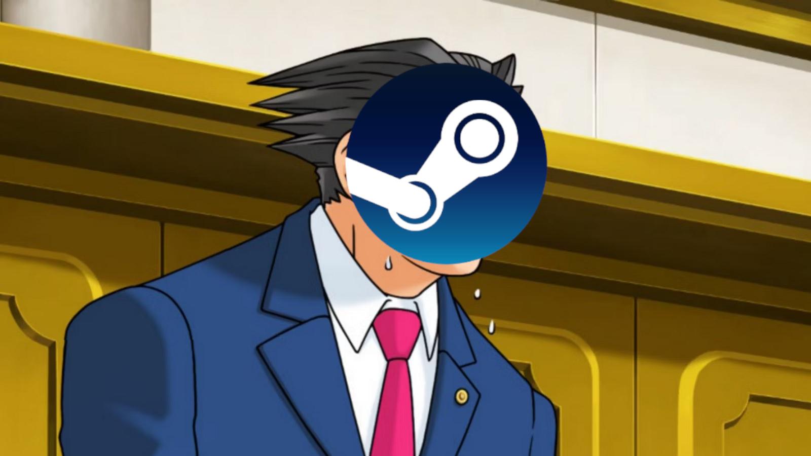 Pheonix wright on the stand with the steam logo for a face