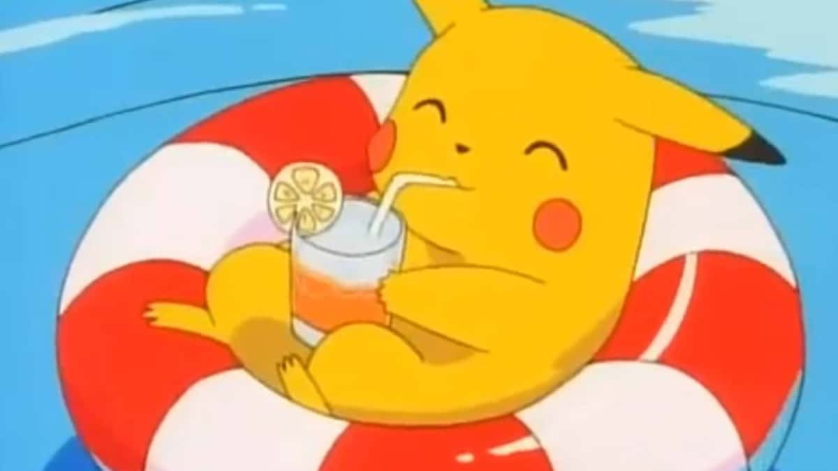 A screenshot from the Pokemon anime shows Pikachu relaxing in a rubber ring and sipping a drink