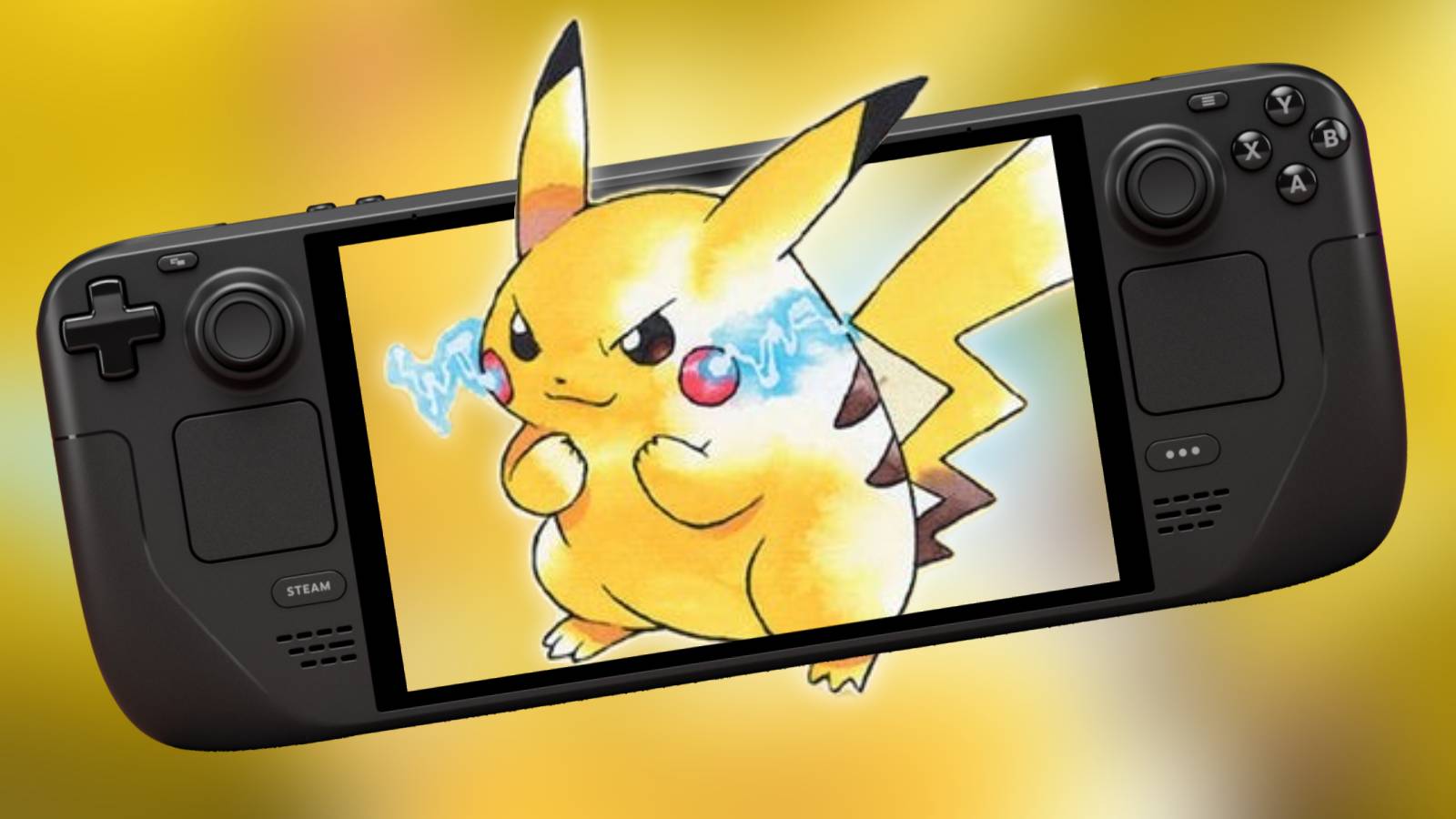 Pikachu from the official Pokemon Yellow boxart on the screen of a Steam Deck.
