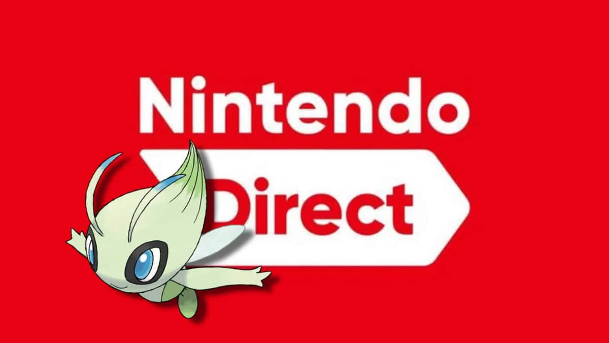 Text shows the words Nintendo Direct on a red background, and then an image of the Pokemon Celebi is in front