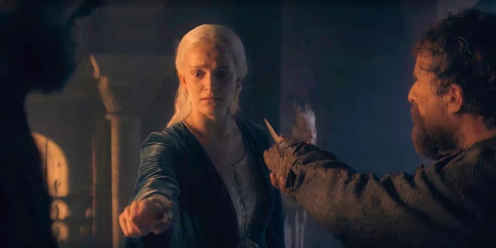 Phia Saban as Helaena in House of the Dragon Season 2, pointing to her son