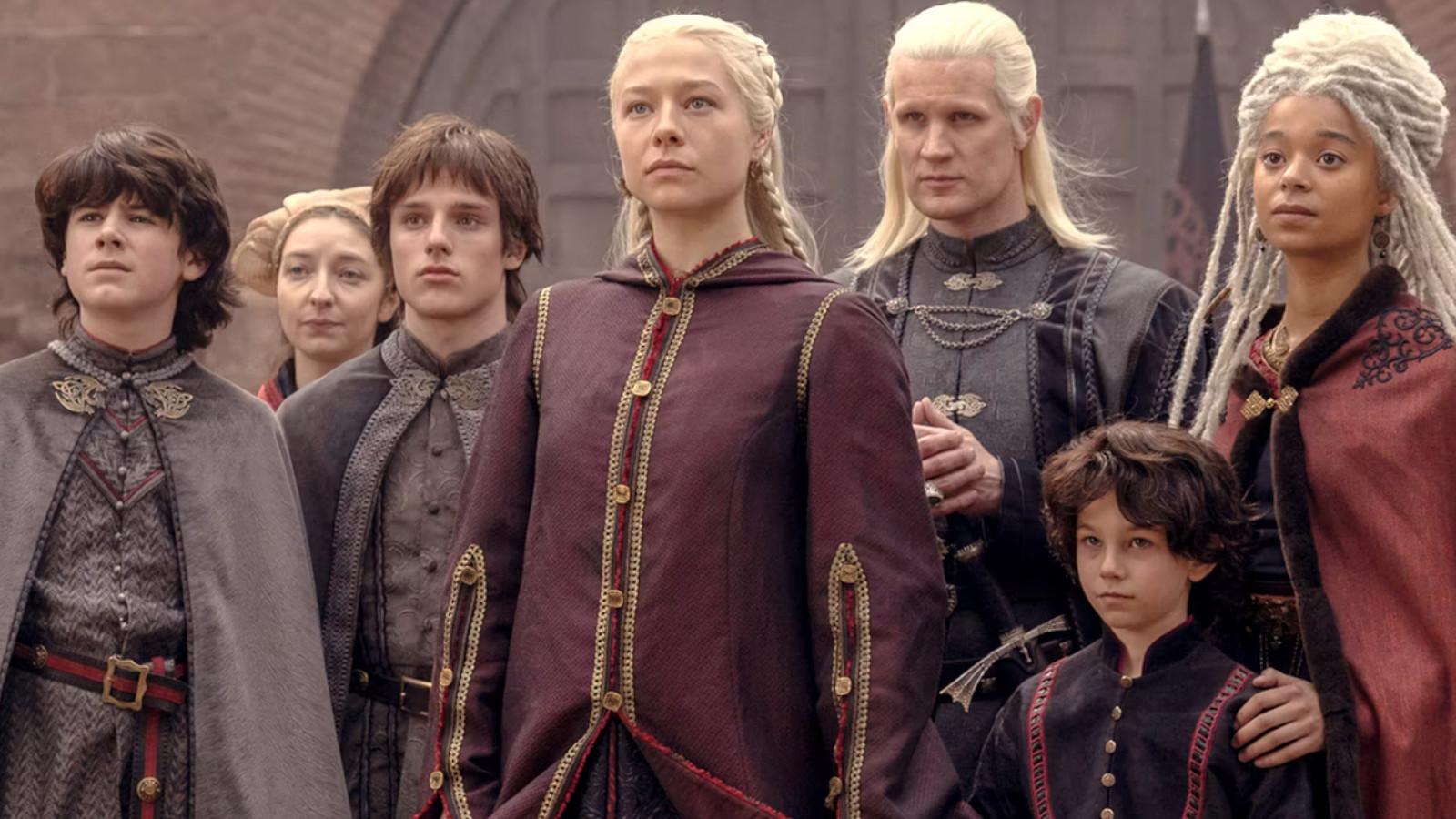 Rhaenyra and Daemon Targaryen with their children in House of the Dragon