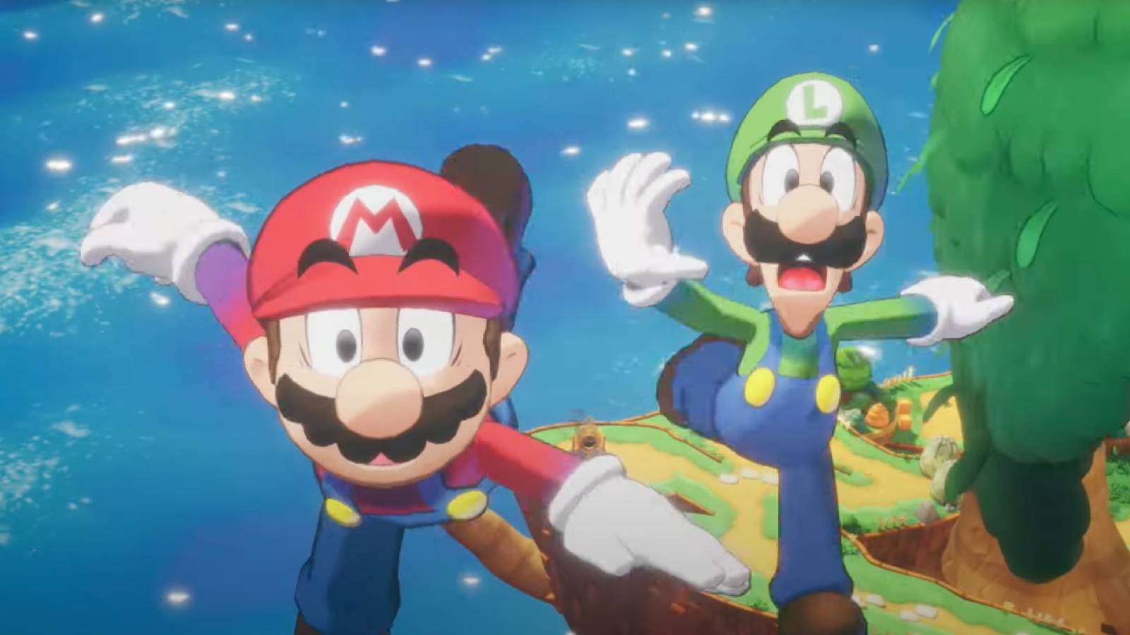 a screenshot from Mario & Luigi Brothership shows the brothers being shot out of a cannon