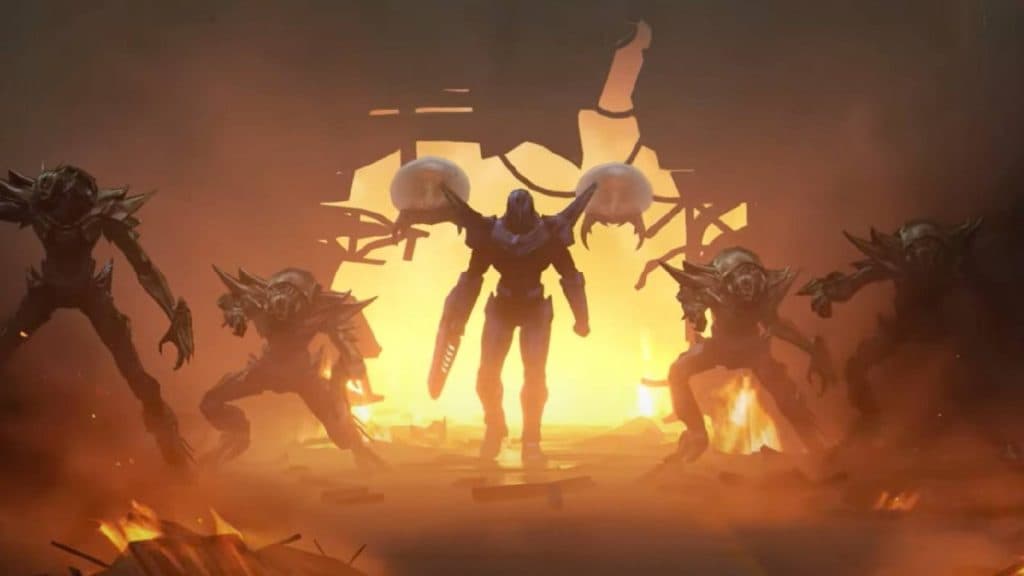 A screenshot from Metroid Prime 4 shows the bounty hunter Sylux bursting through a wall, flanked by two adult Metroids