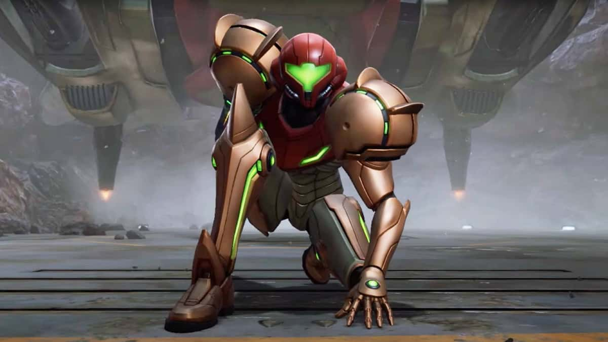 A screenshot from Metroid Prime 4 shows Samus Aran jumping out of her gunship and landing crouched on the ground