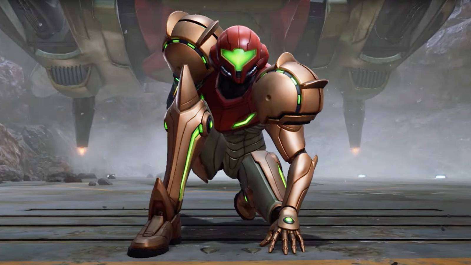 A screenshot from Metroid Prime 4 shows Samus Aran jumping out of her gunship and landing crouched on the ground