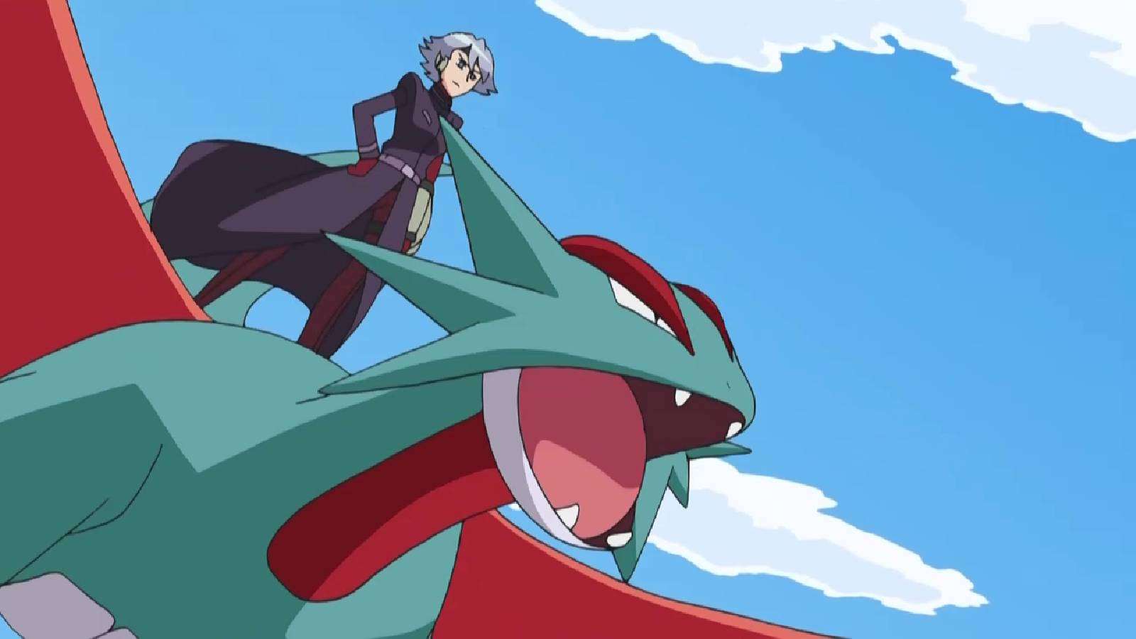 The character Hunter J rides a Salamence in the Pokemon anime