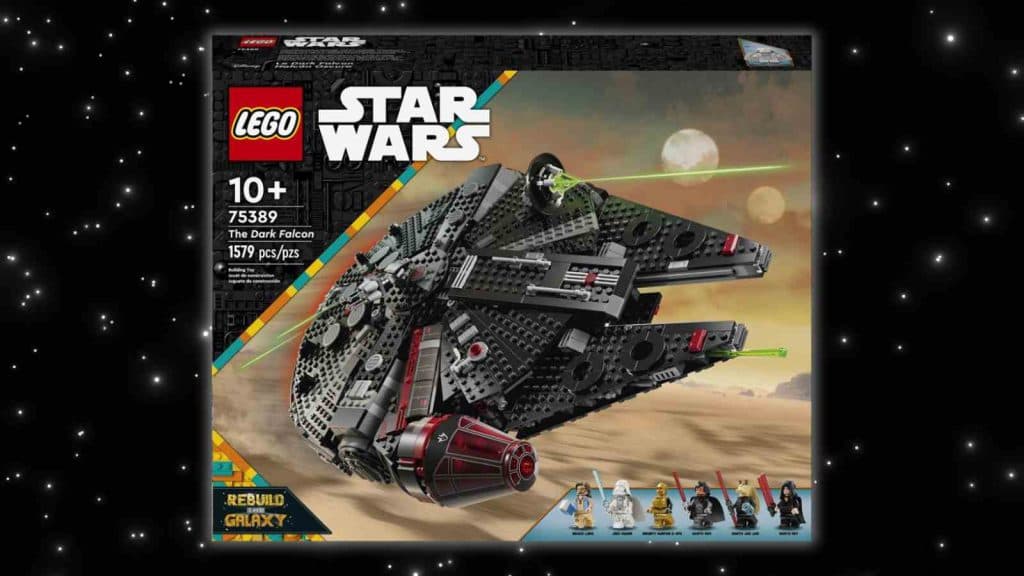 The LEGO Star Wars Rebuild the Galaxy The Dark Falcon on a galaxy background