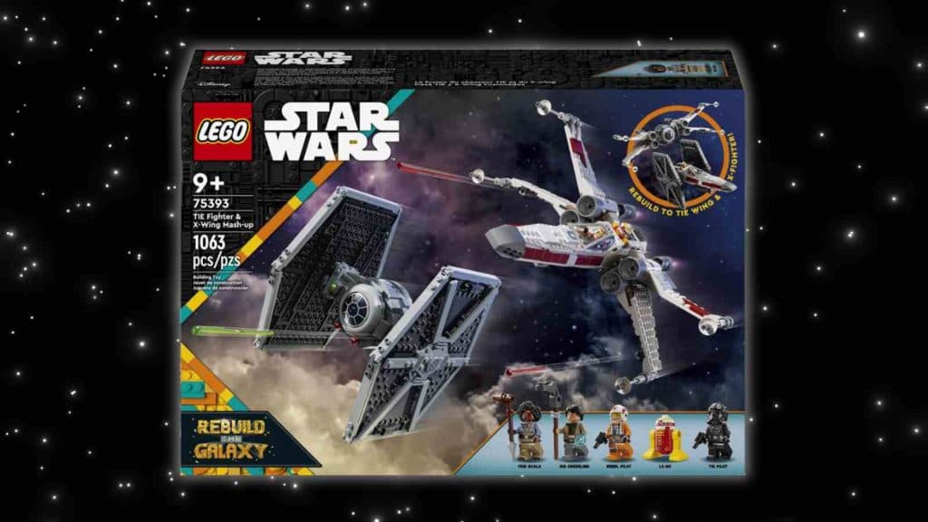 The LEGO Star Wars Rebuild the Galaxy TIE Fighter & X-Wing Mash-up on a galaxy background