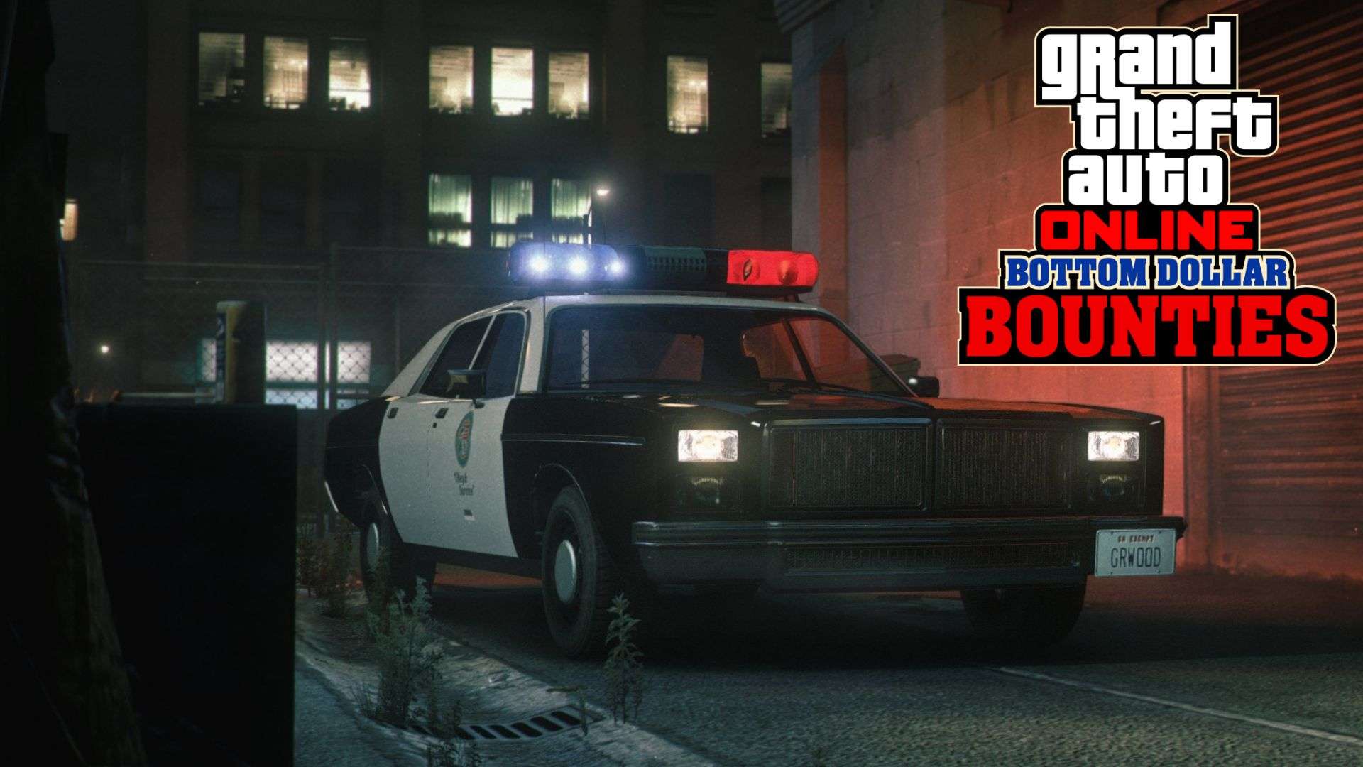 Police car parked in alley in GTA Online with Bottom Dollar Bounties logo