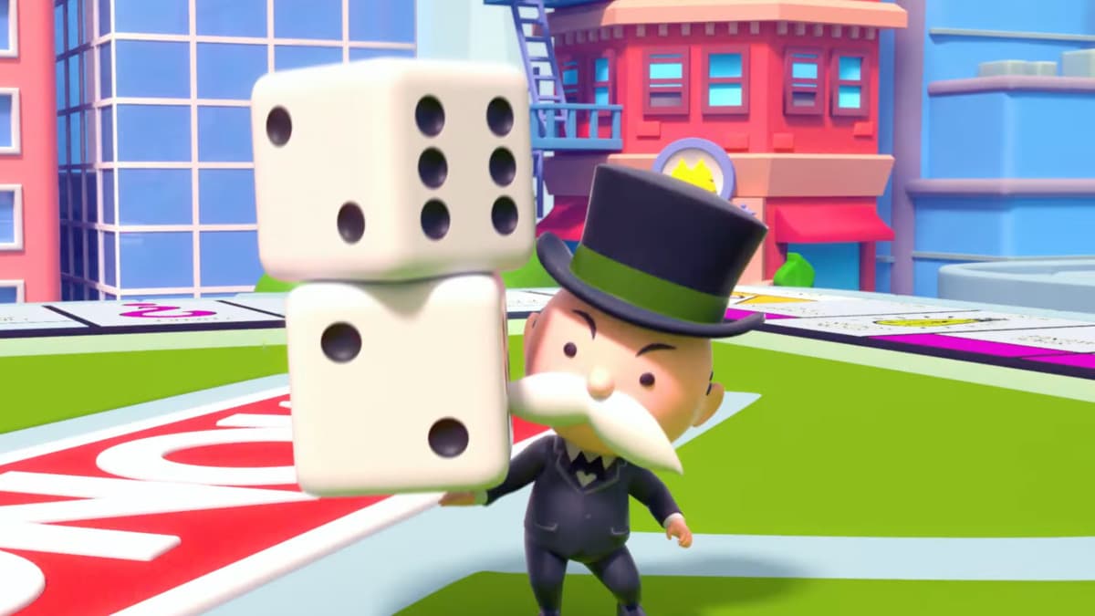 angry m holding dice in Monopoly Go