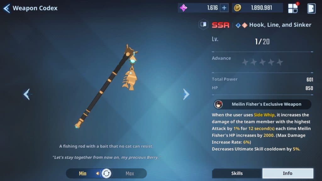 Hook, Line and Sinker Meilin Fisher SSR hunter exclusive weapon in Solo Leveling: Arise.