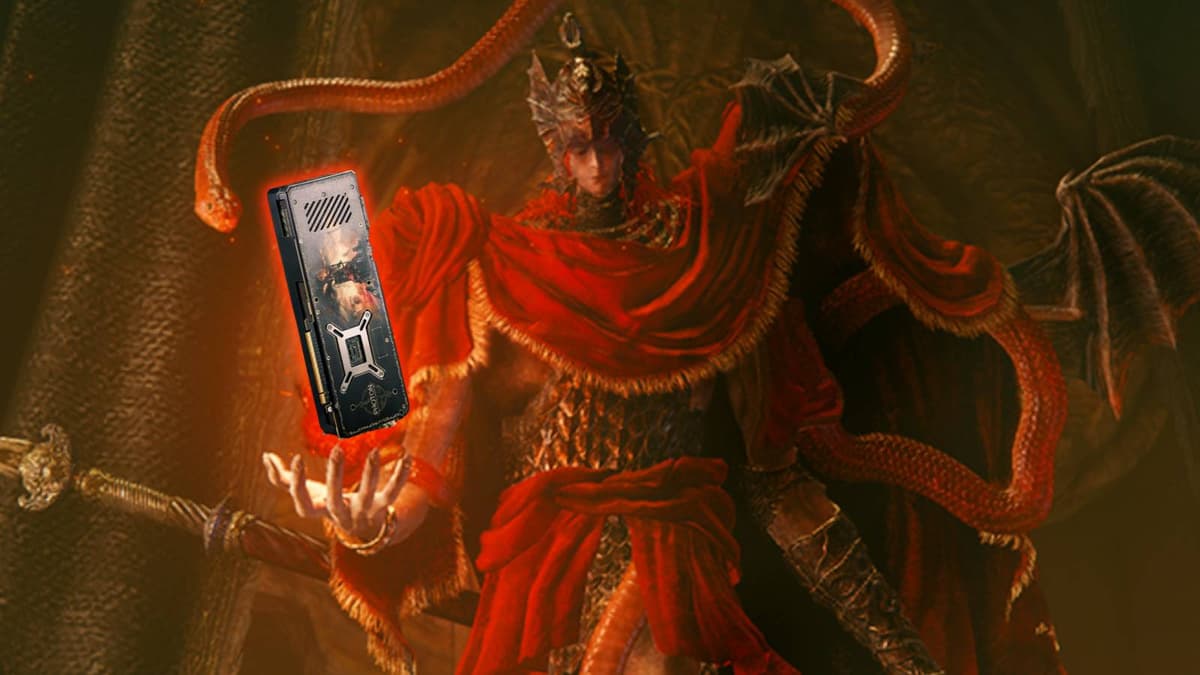 Image of the Gunnir Elden Ring GPU behing held by Messmer the Impaler.