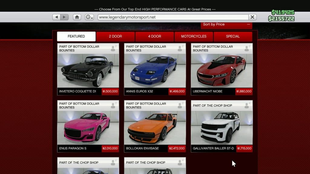 Screenshot of Legendary Motorsports website with new cars in GTA Online Bottom Dollar Bounties update