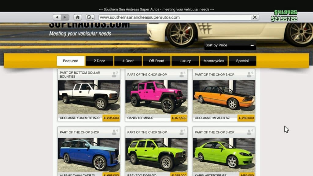 Screenshot of Southern San Andreas Super Autos website with new cars in GTA Online Bottom Dollar Bounties update