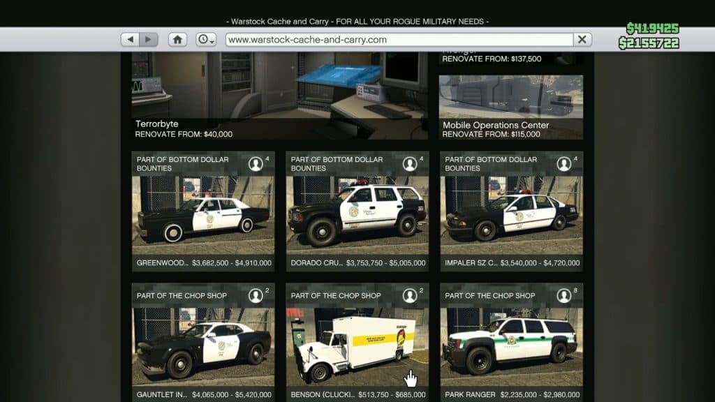 Screenshot of Warstock website with new cars in GTA Online Bottom Dollar Bounties update