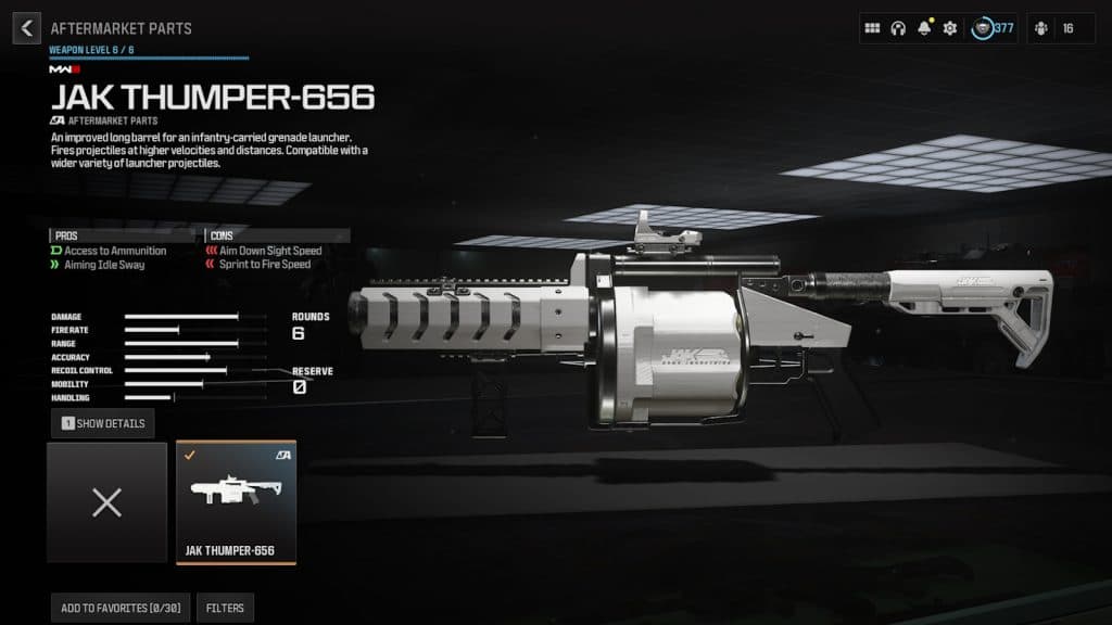 The JAK Thumper-656 aftermarket part equipped to the RGL-80 in MW3 and Warzone.