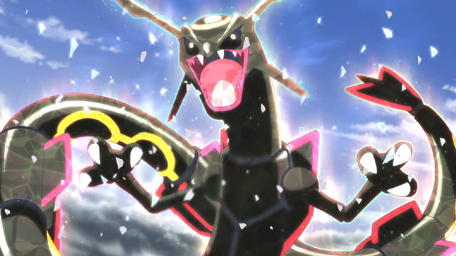 a screenshot from the Pokemon anime shows a Shiny Rayquaza