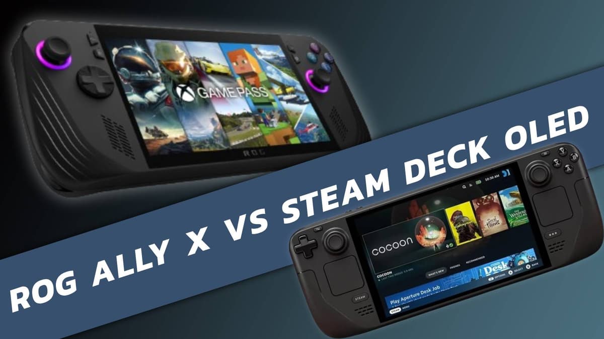 Image of the ROG Ally X and the Steam Deck with a banner between them.