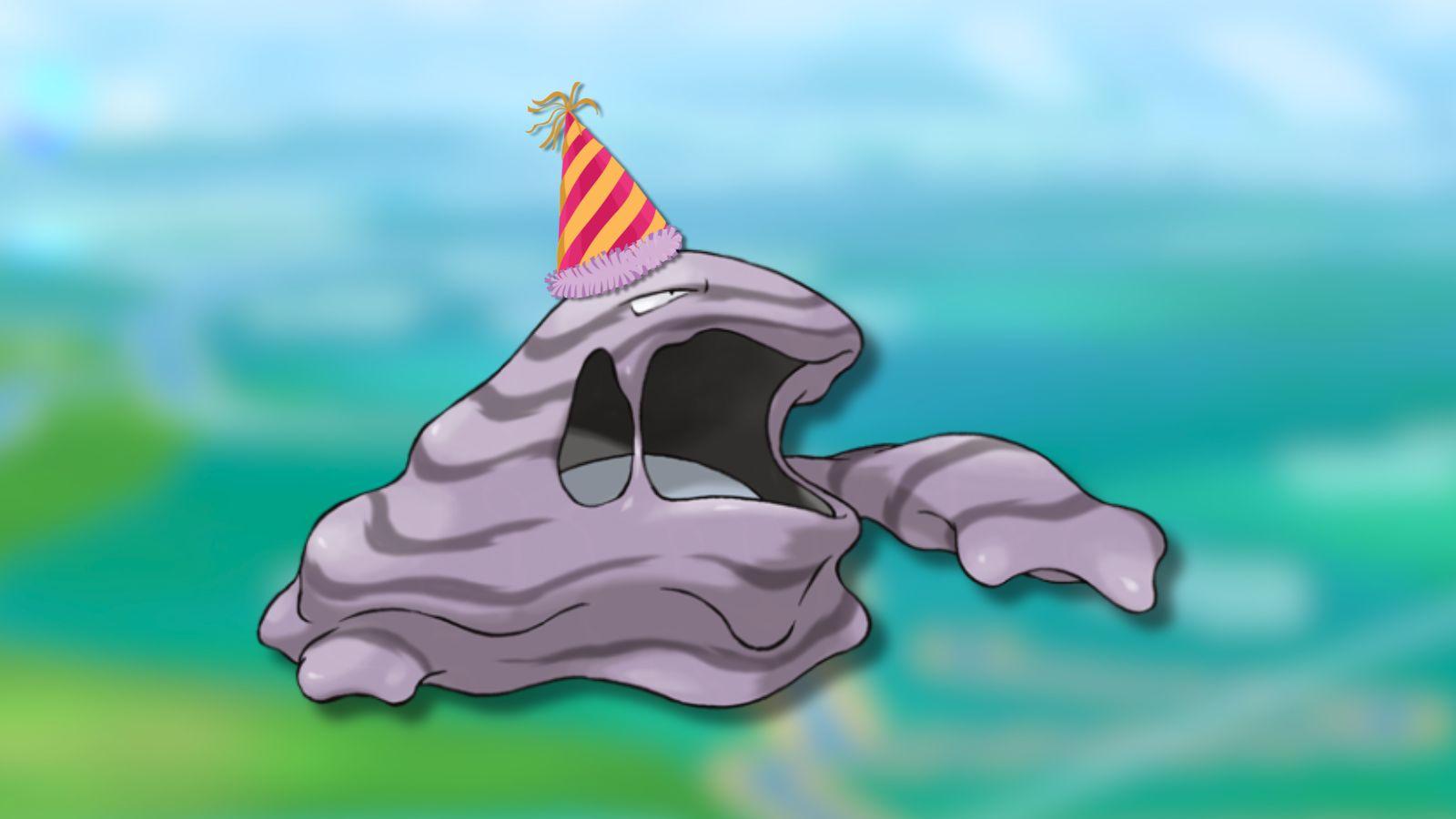 Muk Pokemon with party hat and Pokemon Go background.