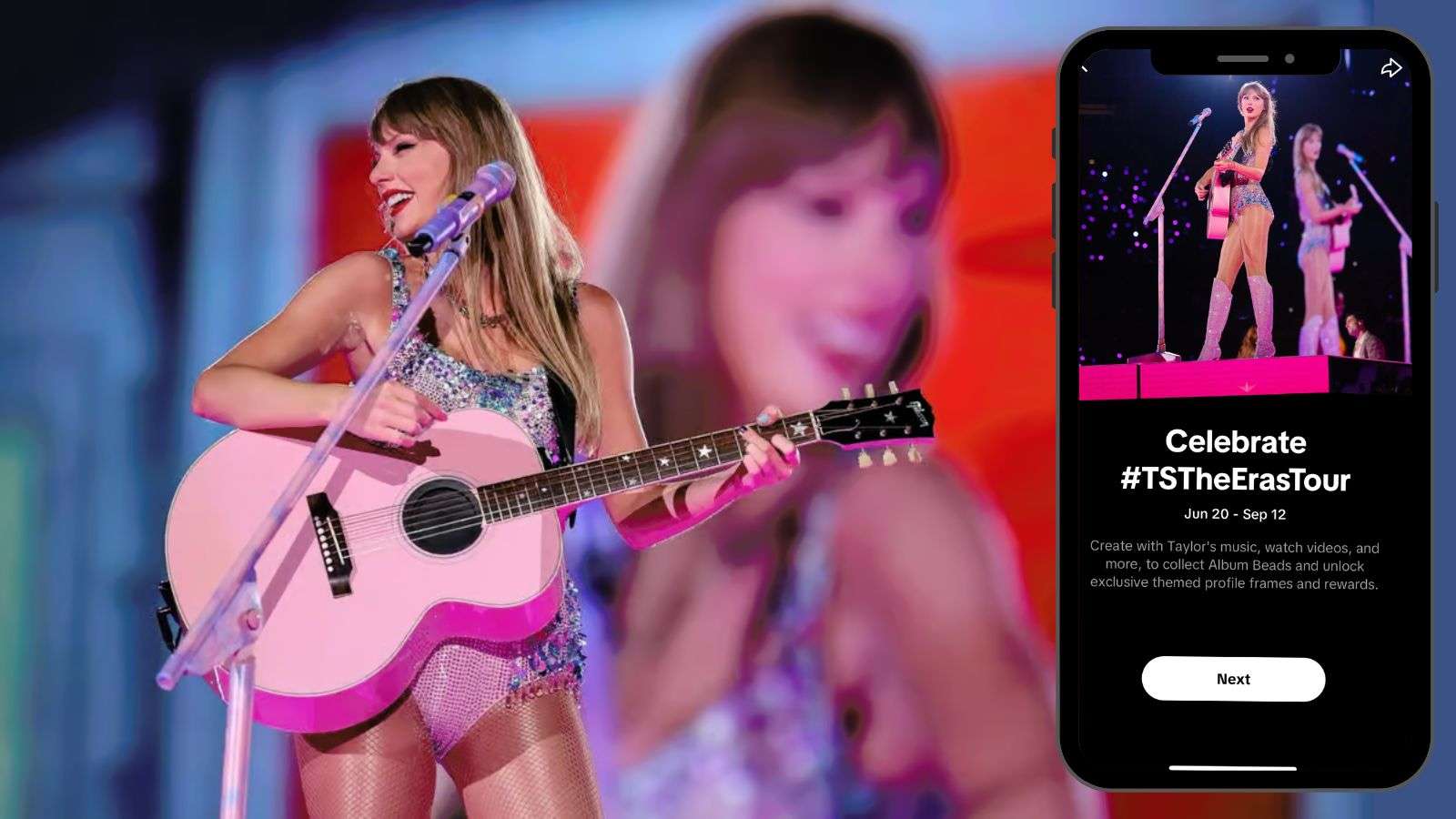 Taylor Swift performing, phone with TikTok event